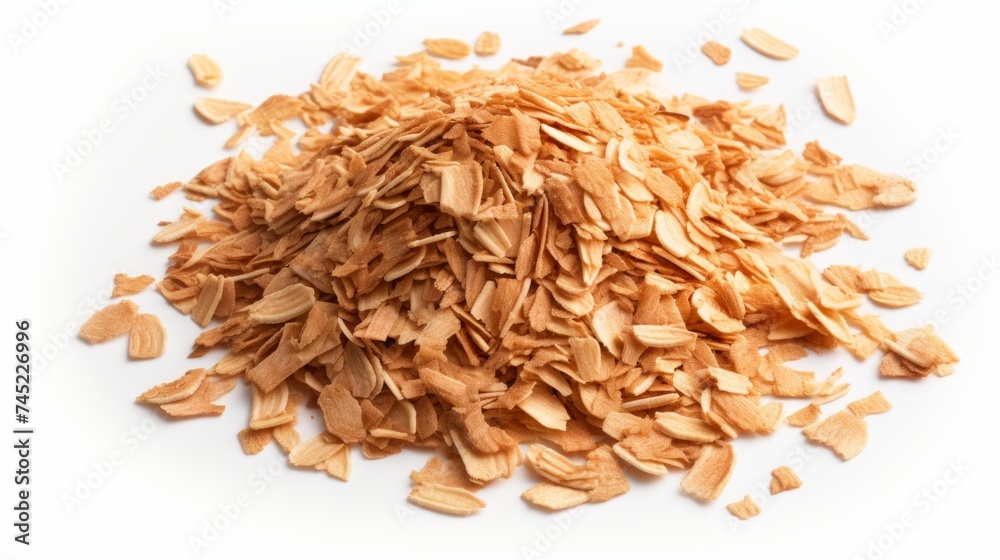 Poster A small heap of spelt flakes captured in a close-up realistic photo against a white background Generative AI