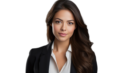 Business woman in standard clothes looking at camera isolated on white background.