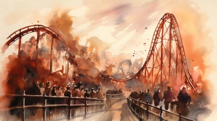 Fotobehang Generative AI amusement park illustration, queue for roller coaster © vadosloginov