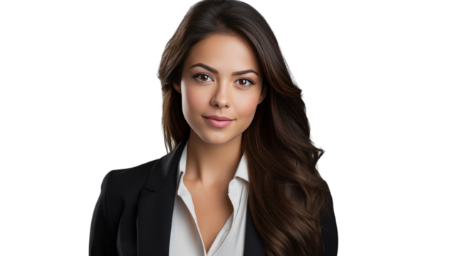 Business woman in standard clothes looking at camera isolated on white background.