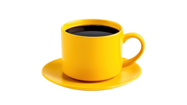 Yellow coffee cup and black coffee isolated on transparent and white background.PNG image