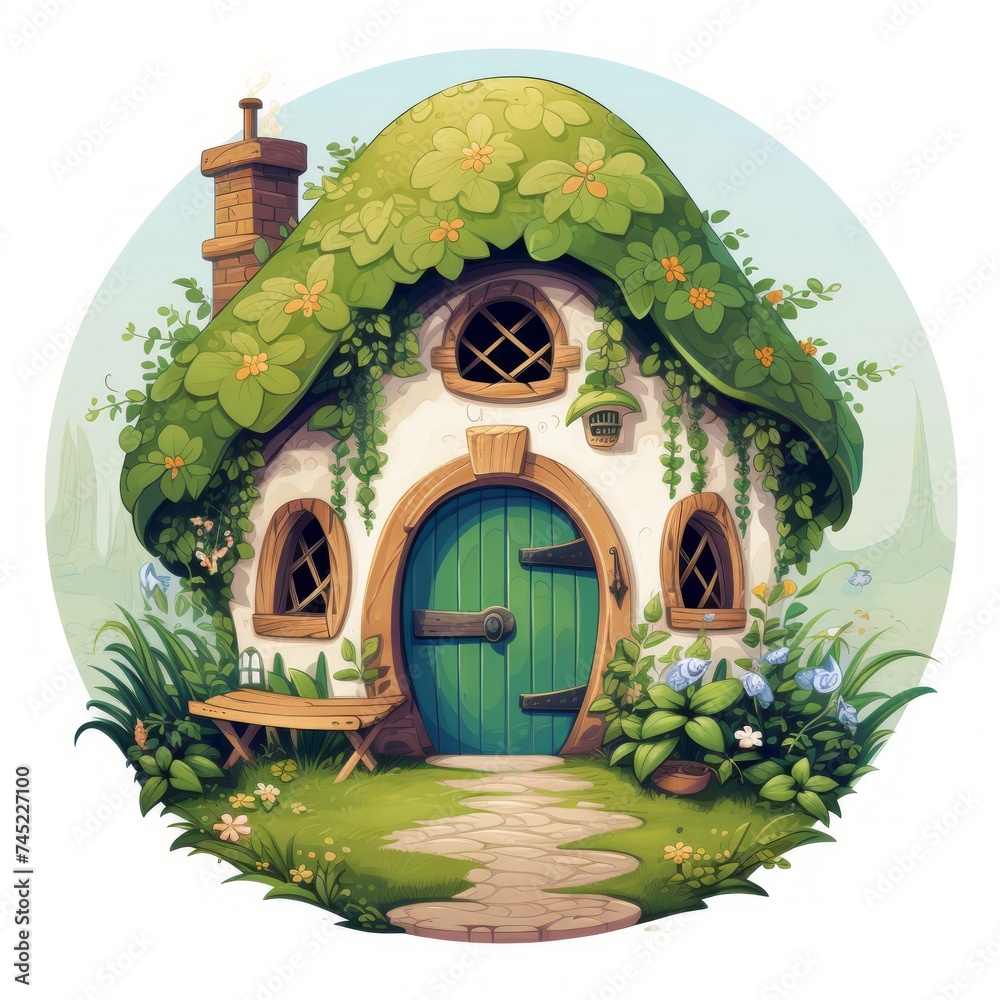 Poster generative ai a storybook-like house showcasing a round door and a slanted roof covered in foliage