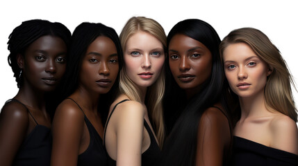Obraz premium diversity of skin colors and women happy with makeup for cosmetic skincare isolated on transparent and white background.PNG image
