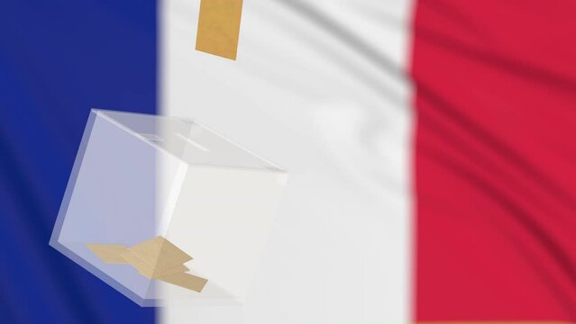 Voting in France elections, vote envelope flying into glass ballot box on French flag background, copy space. Horizontal 3d render animation design. Democratic election concept.