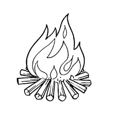 Fire, campfire, bonfire burning with woods. Sketch line hand drawn cartoon style vector illustration isolated on white background.