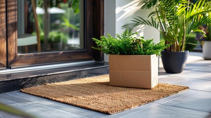 Delivered parcel or box on door mat near entrance