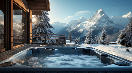ski resort in the mountains. a hot tub with spa near a winter forest with a snow covered mountain in background - obrazy, fototapety, plakaty