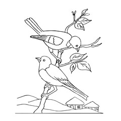 Bird Coloring Pages for Kids. Bird Coloring Page. Bird Coloring Pages. sketch drawing with doodle. Line Art. silhouette of birds sit on branch with flowers