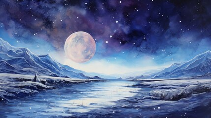 Generative AI A surreal lunar landscape with craters and a starry sky. landscape watercolor - obrazy, fototapety, plakaty