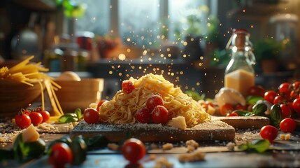 a table topped with noodles , tomatoes , cheese and other ingredients