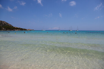 Fototapeta na wymiar Turquoise sea water in Cala Agulla beach in Mallorca Islands, Spain