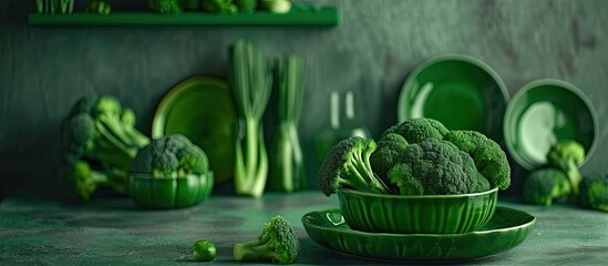 A vibrant green bowl filled with fresh broccoli sits on top of a kitchen counter, showcasing the healthy and nutritious vegetable.