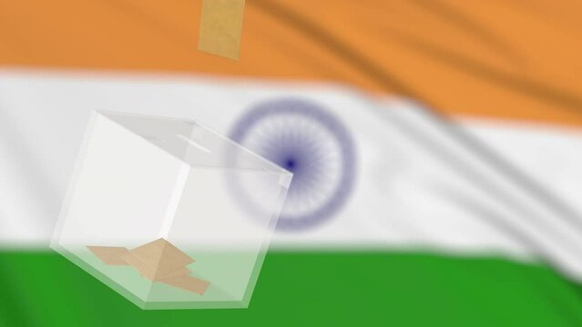 Voting in India elections, vote envelope flying into glass ballot box on Indian flag background, copy space. Horizontal 3d render animation design. Democratic election concept.