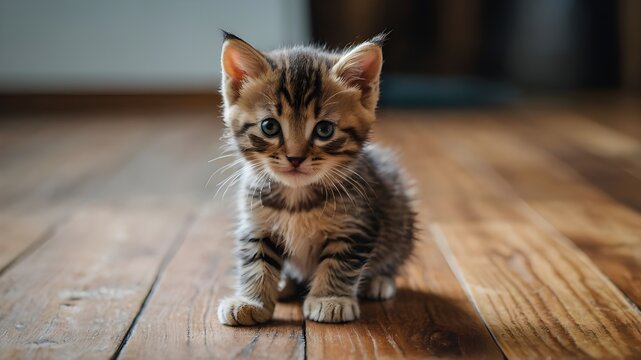 a small kitten sitting on top of a wooden floor. ai generated image