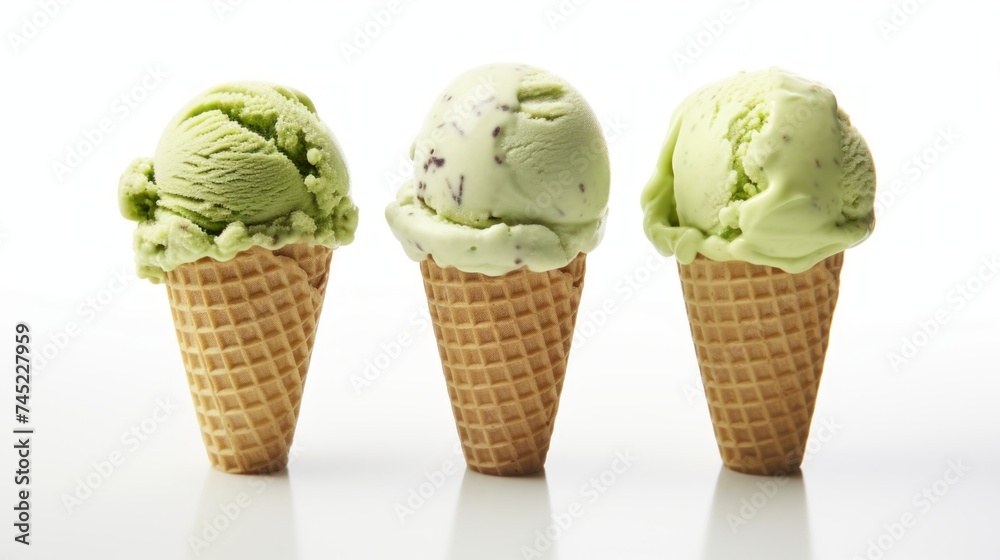 Poster a trio of pistachio ice cream scoops captured in a close-up realistic photo against a white backgrou