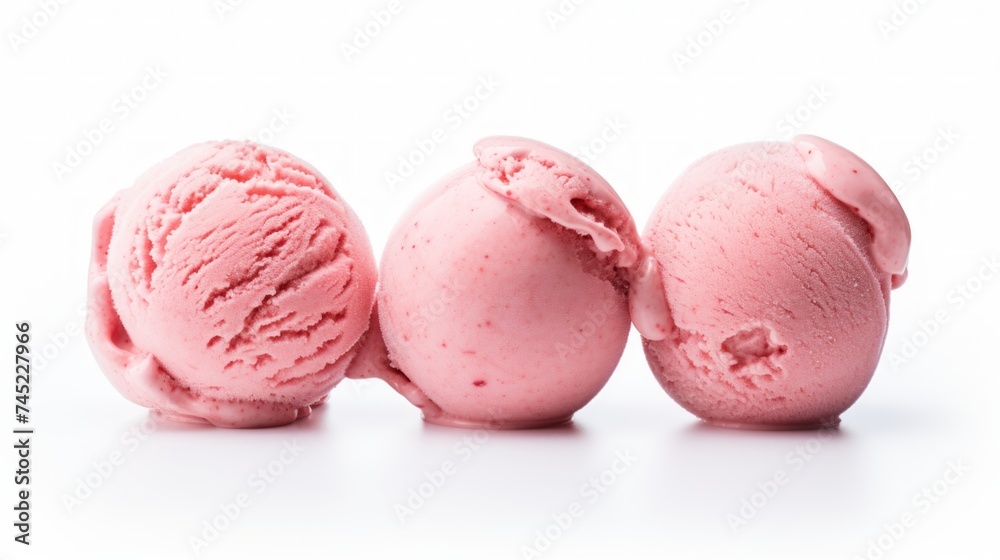 Aufkleber a trio of strawberry ice cream scoops captured in a close-up realistic photo against a white backgro