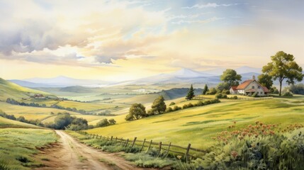 Fototapeta premium Generative AI A tranquil countryside scene with rolling hills and a farmhouse. landscape watercolor