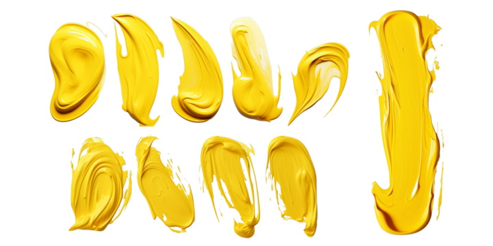 Collection of stroke of yellow paint isolated on a white background as transparent PNG