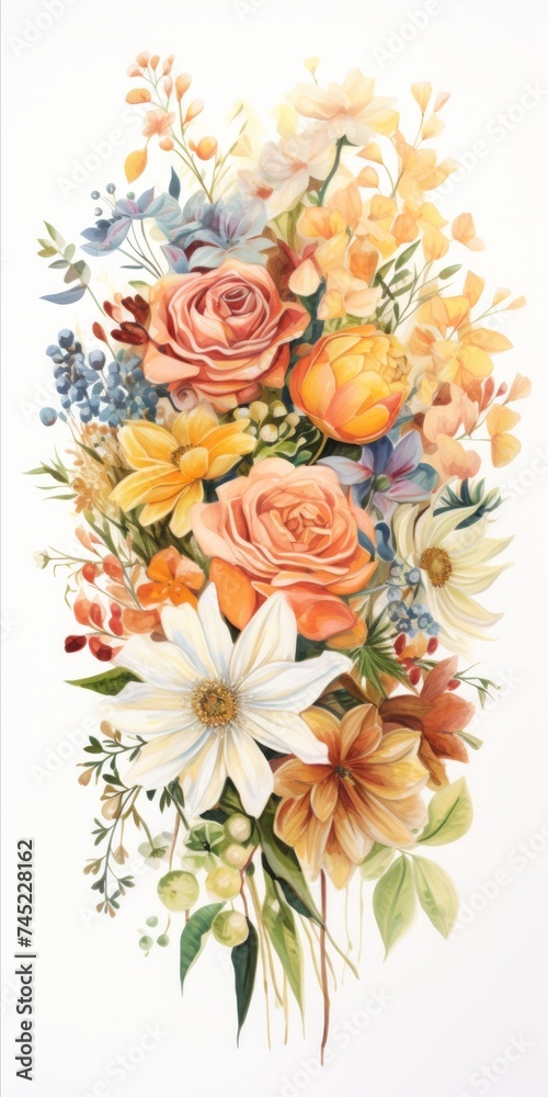 Poster Generative AI A vibrant bouquet of assorted flowers arranged elegantly on a white background, with ample space for personalized messages or text.