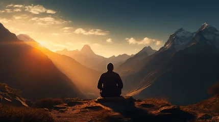 Fototapeten Generative AI A yogi in a meditative pose, finding solace and rejuvenation amidst the tranquil mountain landscape. © vadosloginov