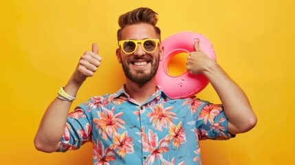 Portrait of a young happy man in sunglasses and with rubber ring wearing office clothes showing thumb up sign isolated on yellow background.