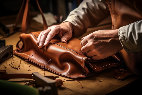 Elderly designer working with leather accessories