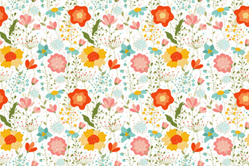 Fototapeta na wymiar Spring flowers, natural plant seamless pattern.Textile, fabric, wallpaper and wrapping paper design.Vector stock illustration.