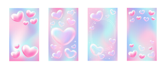 Set of vertical background post for social networks with hearts.Soft colors, gradient.Tenderness and love.Template with copy space.Vector stock illustration.