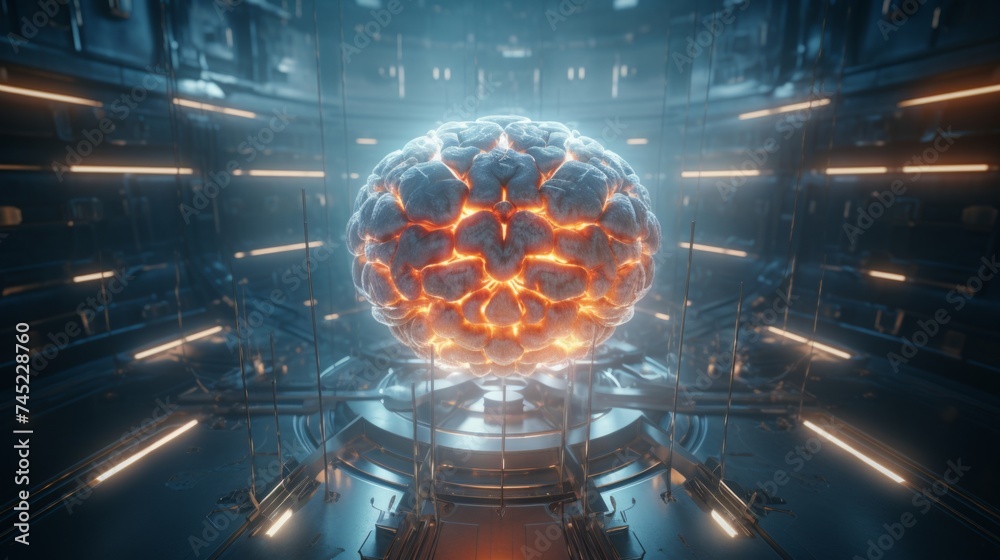 Aufkleber generative ai aerial perspective of a virtual ai brain, highlighting its computational pathways and 