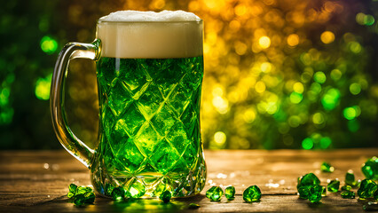 Soothing Green Brew: Emerald Beer on Wooden Table with Glistening Gemstones