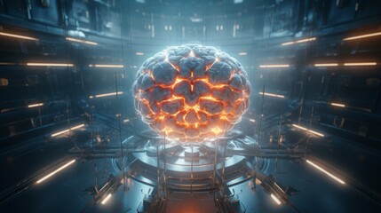 Generative AI Aerial perspective of a virtual AI brain, highlighting its computational pathways and data processing capabilities.