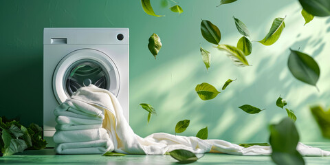 washing machine green eco sustainable ecological environmental friendly, fresh clean natural organic wash white towels laundry, background banner