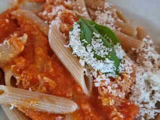 Whole wheat penne pasta topped with a rich tomato sauce, parmesan cheese, and a fresh basil leaf