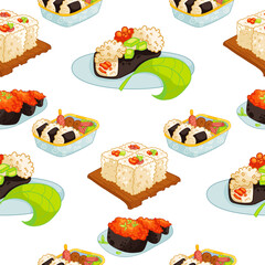 Sushi rolls seamless pattern japan Asian food vector design isolated on colorful background