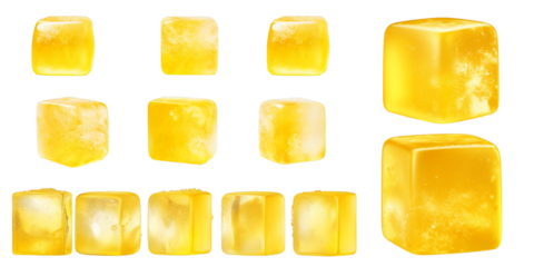Collection of yellow ice cube isolated on a white background as transparent PNG