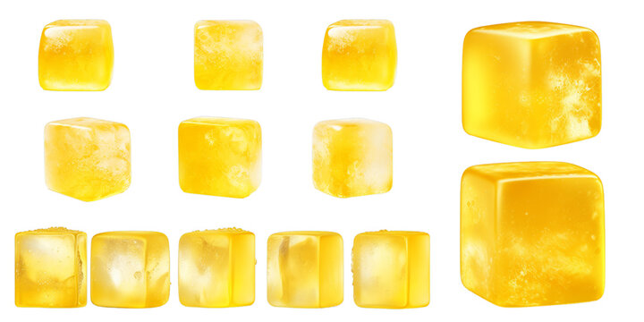 Collection of yellow ice cube isolated on a white background as transparent PNG