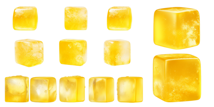 Collection of yellow ice cube isolated on a white background as transparent PNG