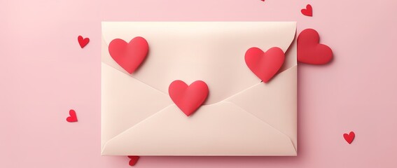 A white envelope with red love to place greeting cards, letters, invitations on a pink background and red love