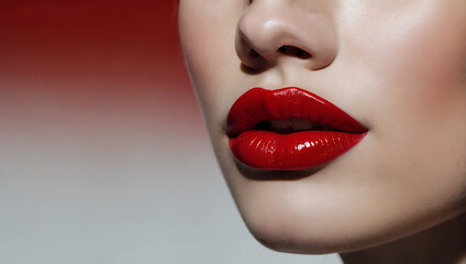 Eleganckie czerwone usta z połyskiem – ikona kobiecego piękna - obrazy, fototapety, plakaty