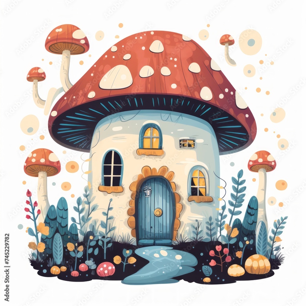 Poster generative ai an enchanting cottage adorned with fairy lights and surrounded by whimsical mushrooms.