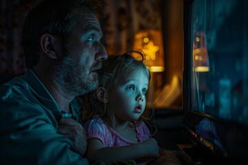 Intimate Evening Scene of Father and Daughter Engrossed in Watching Television