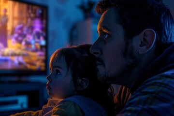 Intimate Evening Scene of Father and Daughter Engrossed in Watching Television - obrazy, fototapety, plakaty