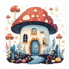 Generative AI An enchanting cottage adorned with fairy lights and surrounded by whimsical mushrooms.