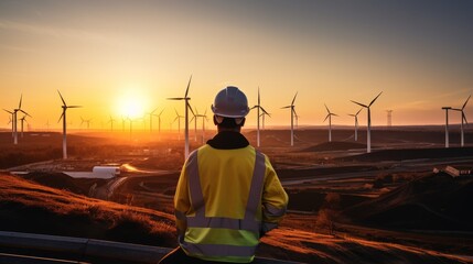 Engineer with laptop at wind farm during sunset