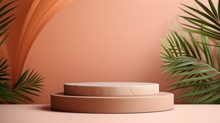 A beautiful peach Podium for the Presentation of products, Cosmetics, Awards with green palm leaves. A stage, a Showcase with an empty Space for Advertising.