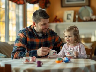 Fototapeta premium Father and Young Daughter Enjoying Pretend Tea Party at Home