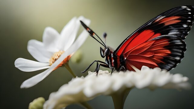 a red and black butterfly sitting on a white flower, AI generated image