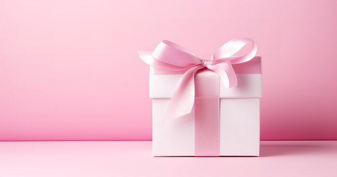 A white gift box with a pink ribbon on a pink background 
