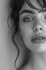 Black and white portrait of a beautiful young woman, generative AI.
