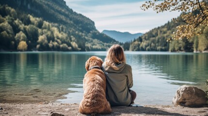 Female tourist with dog sitting on the floor looking at the lake 